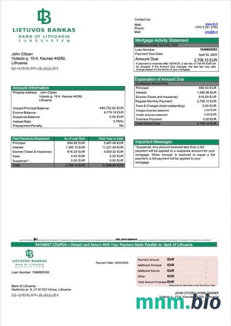 Litwa Bank of Lithuania wyciąg z kredytu hipotecznego szablon Word i PDF